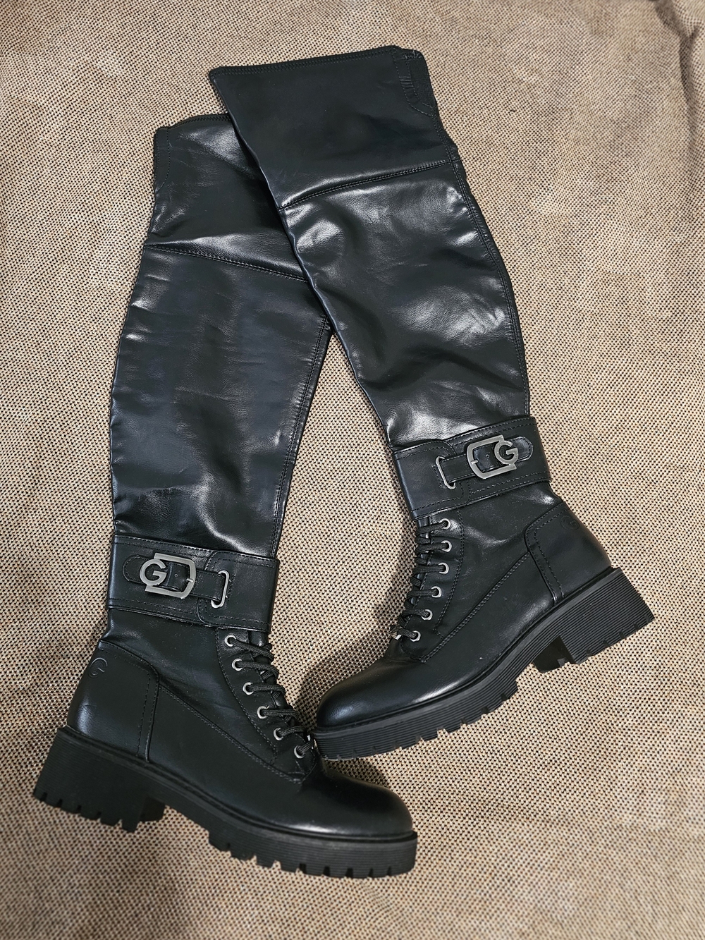 GBG Los Angeles Black Over-the-Knee Lace-Up Buckle Combat Boots